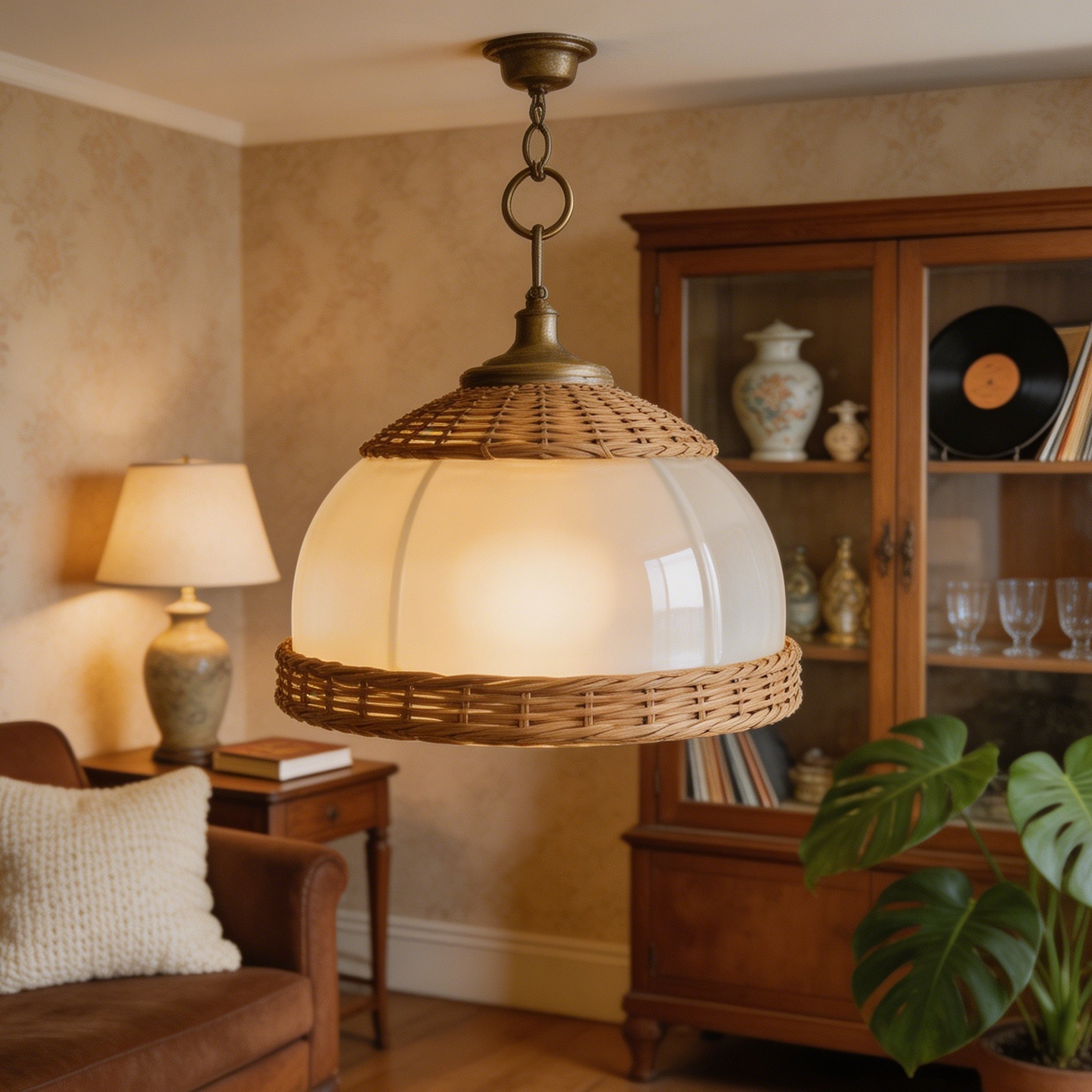 Mid-Century Glass & Rattan Pendant Light