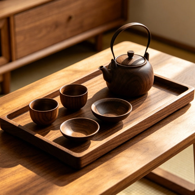 Japanese Black Walnut Tea Tray & Teaware Set