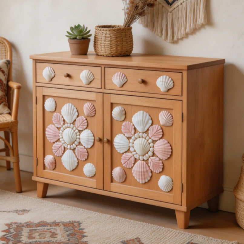 Boho Shell Inlaid Wood Storage Cabinet