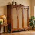 Vintage Nanyang Rattan & Carved Solid Wood Wardrobe