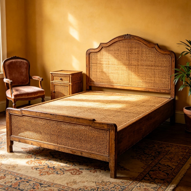 Vintage Nanyang Rattan & Solid Wood Queen Bed Frame