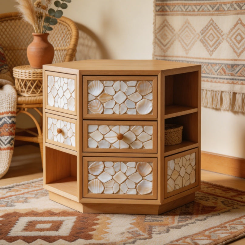 Boho Shell Inlaid Wood Storage Cabinet