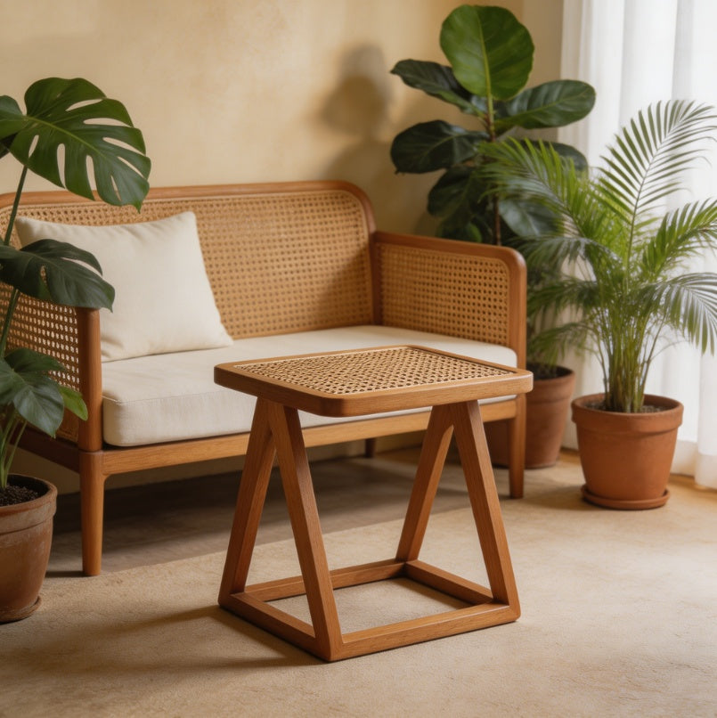 Vintage Nanyang Solid Wood & Rattan Side Table