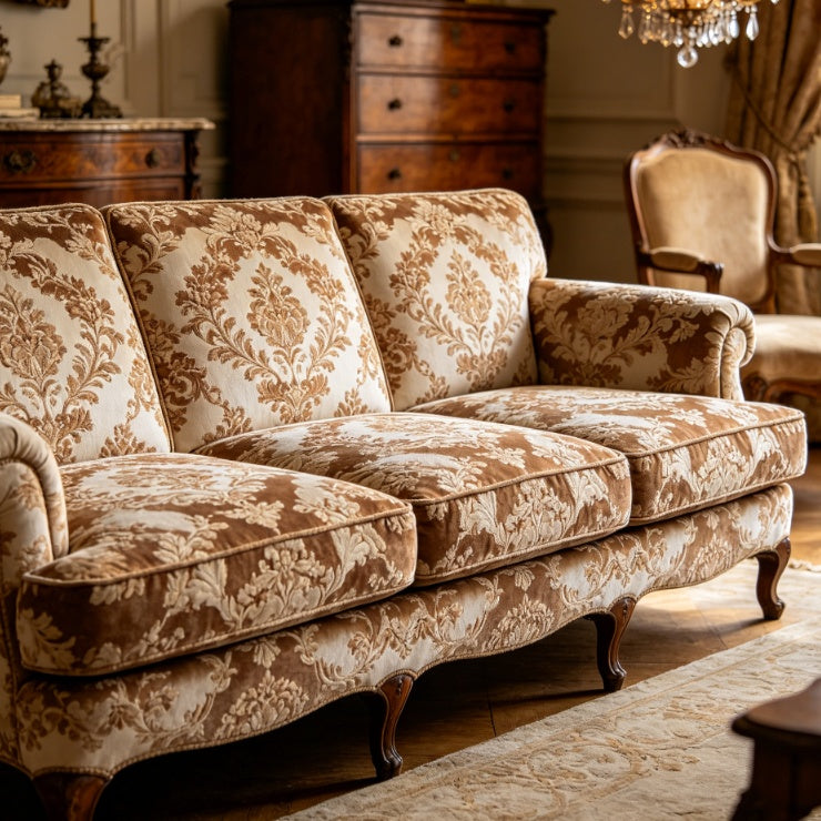 French Vintage Carved Fabric 3-Seater Sofa